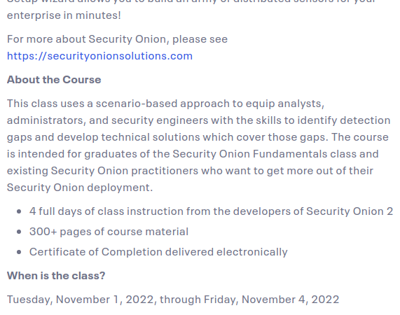 10% Early Bird discount for Security Onion In-Depth training in November 2022!