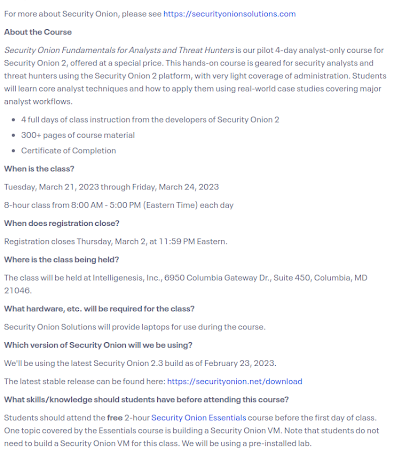10% Early Bird discount for New Security Onion Analysts & Threat Hunters Class in March 2023!