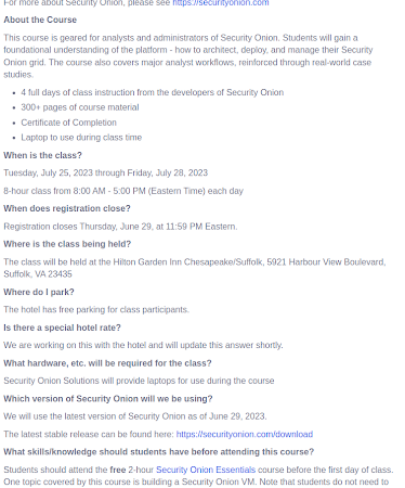 10% Early Bird discount for Security Onion Fundamentals for Analysts & Admins Class in July 2023!