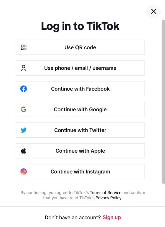 TikTok BYOI login page