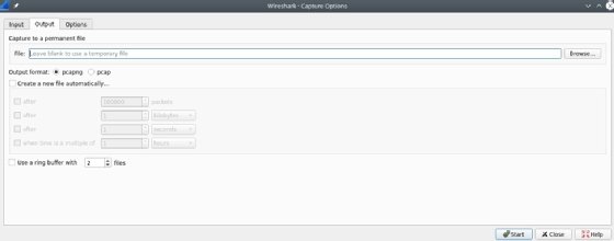Screenshot of the Output tab in Wireshark Capture Options
