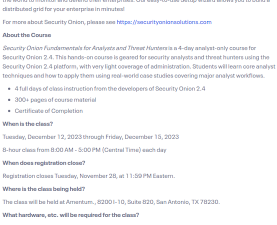 10% Early Bird discount for Security Onion Fundamentals for Analysts & Threat Hunters Class in December 2023!