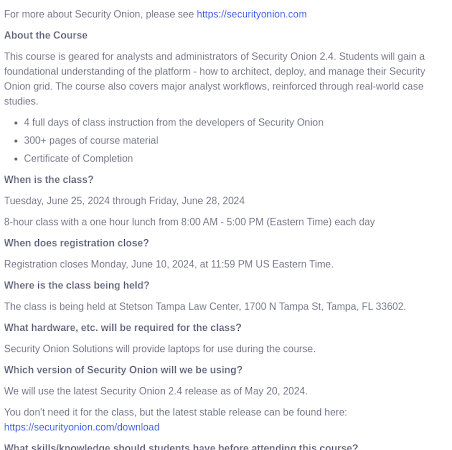 10% Early Bird discount for Security Onion Fundamentals for Analysts & Admins Class in June 2024!