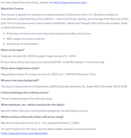 10% Early Bird discount for Security Onion Fundamentals for Analysts & Admins Class in January 2025!