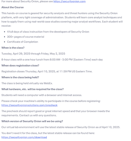 Early bird discount for our next Security Onion training class!