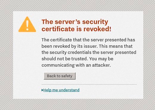 Infographic showing a browser message about a web page that uses a revoked certificate.