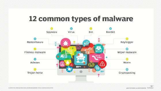 A chart listing some of the many types of malware that can harm a computer, network or server.