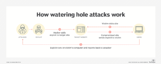 A diagram showing the steps in a watering hole attack.