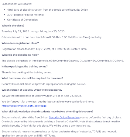 Early Bird Discount for upcoming Security Onion Detection Engineering and Analysis training class